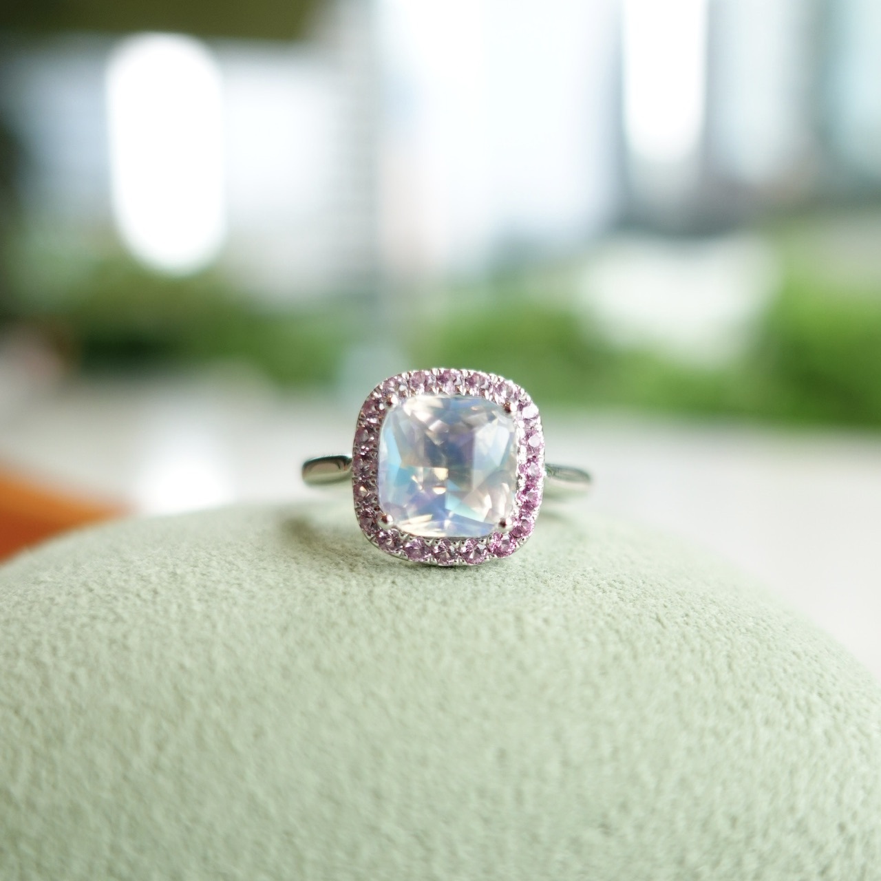 18K金彩虹月光石粉紅藍寶石戒指/吊墜 - 兩用款 (帶寶石證書)