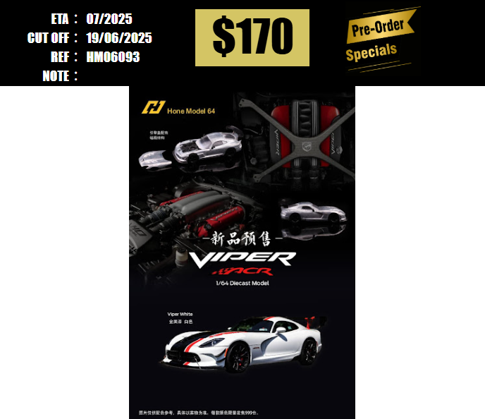 PO-$170 * HONE MODEL * 1:64 DODGE VIPER MK3 ACR METALLIC WHITE [OD06/06]