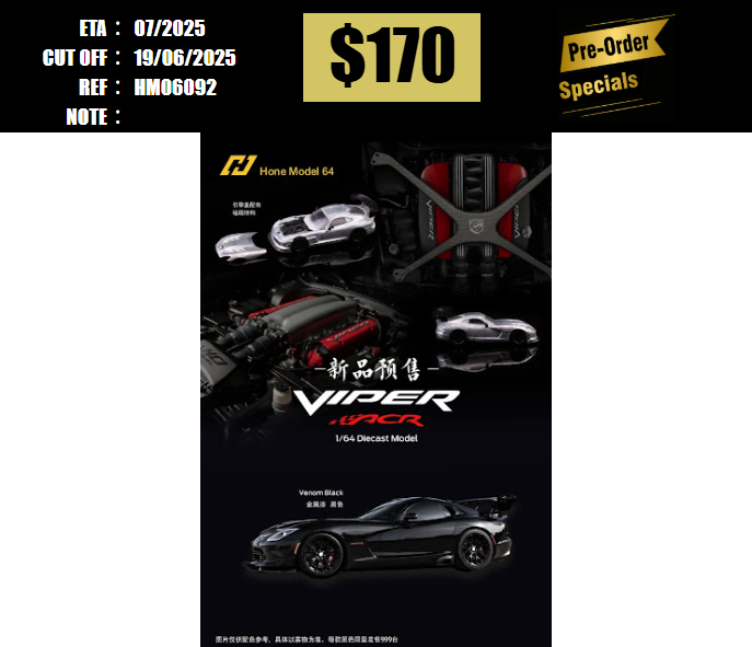 PO-$170 * HONE MODEL * 1:64 DODGE VIPER MK3 ACR METALLIC BLACK [OD09/06]