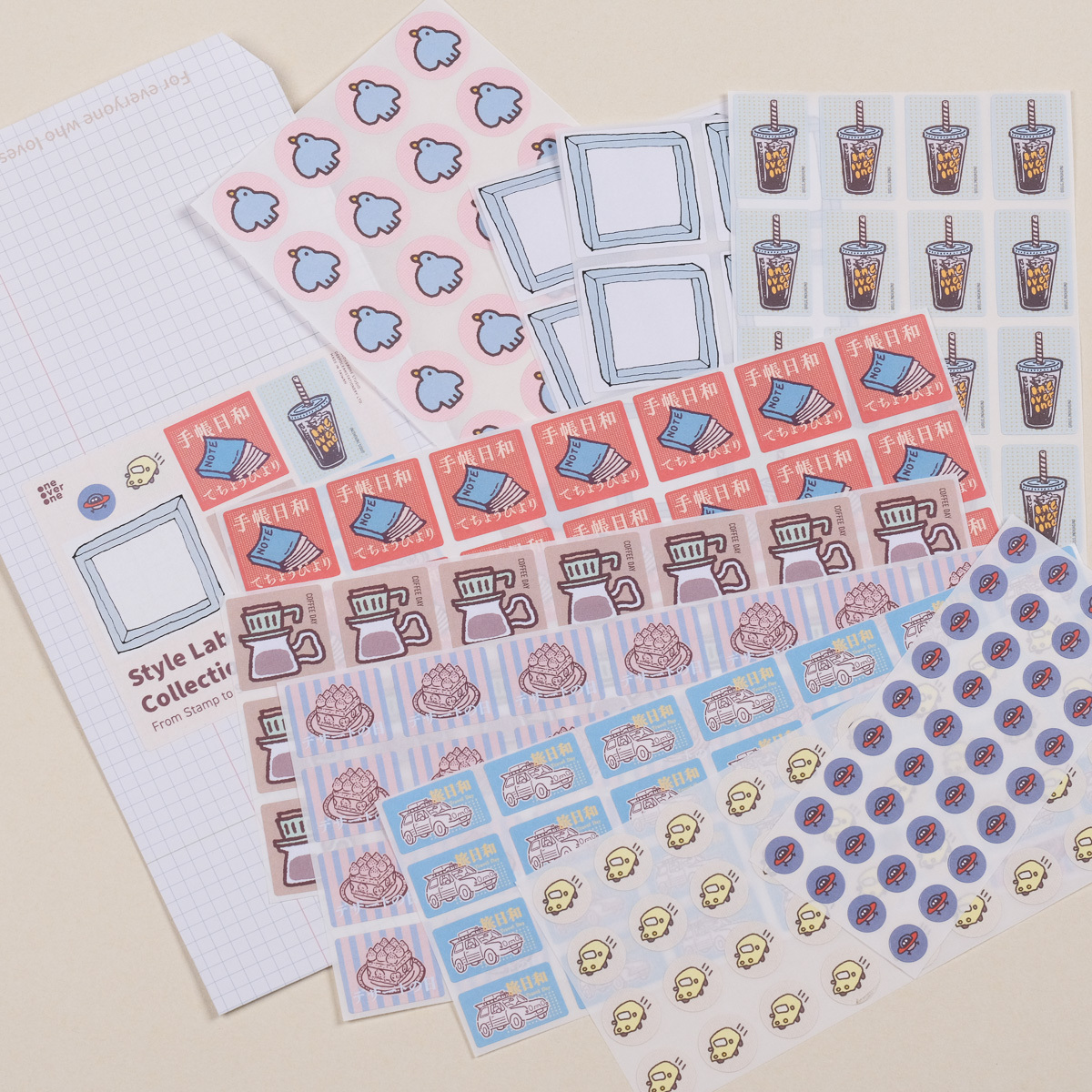 貼紙綜合包 膠版印章的圖案 模造標籤貼紙組｜一分之一工作室 台灣