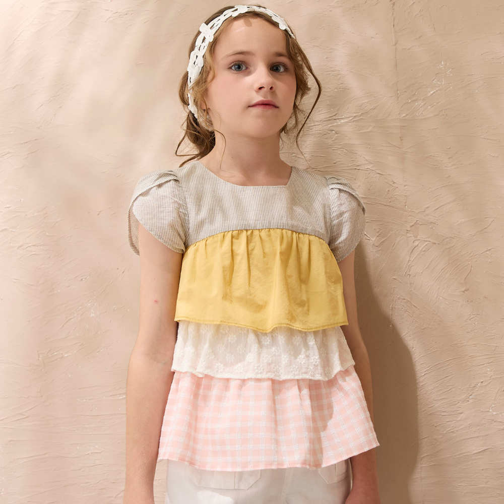 PIPPY花漾精靈多層波浪拼接純棉花苞袖上衣 黃