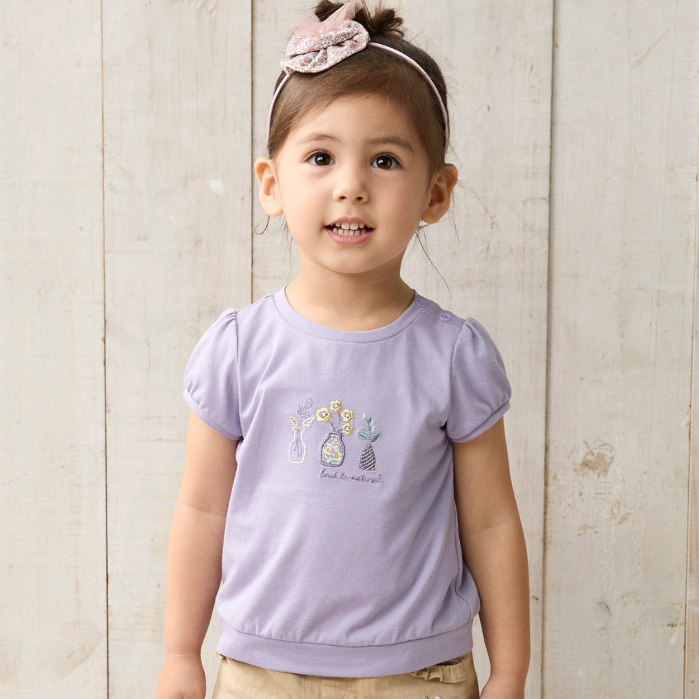 PIPPY可愛小花刺繡彈性棉圓領上衣 紫