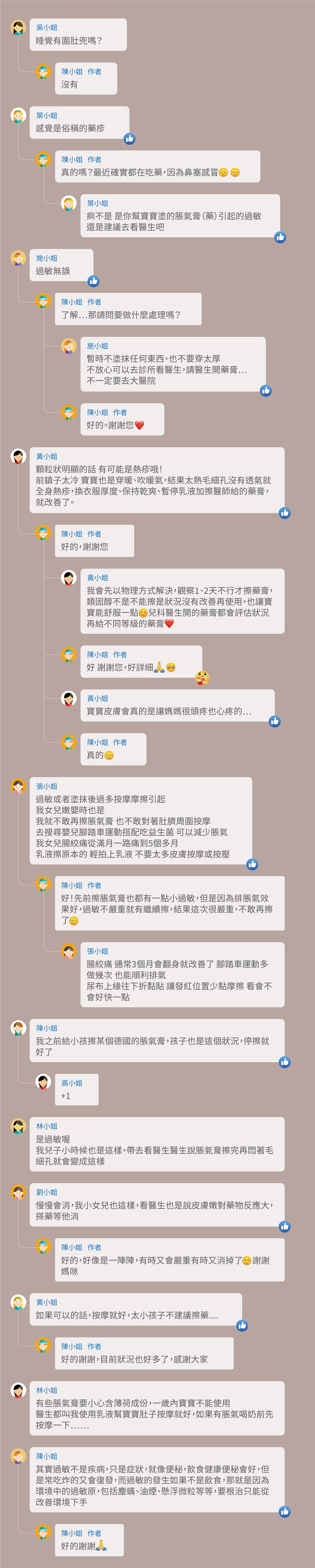 睡覺有圍肚兜嗎？沒有，感覺是俗稱的藥疹，真的嗎？最近確實都在吃藥，因為鼻塞感冒，痾不是 是你幫寶寶塗的脹氣膏（藥）引起的過敏，還是建議去看醫生吧，過敏無誤，了解⋯那請問要做什麼處理嗎？暫時不塗抹任何東西，也不要穿太厚，不放心可以去診所看醫生，請醫生開藥膏…，不一定要去大醫院，顆粒狀明顯的話 有可能是熱疹哦！前鎮子太冷 寶寶也是穿暖、吹暖氣，結果太熱毛細孔沒有透氣就全身熱疹，換衣服厚度、保持乾爽、暫停乳液加擦醫師給的藥膏，就改善了。我會先以物理方式解決，觀察1、2天不行才擦藥膏，類固醇不是不能擦是狀況沒有改善再使用，也讓寶寶能舒服一點 兒科醫生開的藥膏都會評估狀況再給不同等級的藥膏，寶寶皮膚會真的是讓媽媽很頭疼也心疼的⋯，過敏或者塗抹後過多按摩摩擦引起，我女兒嫩嬰時也是，我就不敢再擦脹氣膏 也不敢對著肚臍周圍按摩，去搜尋嬰兒腳踏車運動搭配吃益生菌 可以減少脹氣，我女兒腸絞痛從滿月一路痛到5個多月，乳液擦原本的 輕拍上乳液 不要太多皮膚按摩或按壓，好！先前擦脹氣膏也都有一點小過敏，但是因為排脹氣效果好，過敏不嚴重就有繼續擦，結果這次很嚴重，不敢再擦了，腸絞痛 通常3個月會翻身就改善了 腳踏車運動多做幾次 也能順利排氣，尿布上緣往下折黏貼 讓發紅位置少點摩擦 看會不會好快一點，我之前給小孩擦某個德國的脹氣膏，孩子也是這個狀況，停擦就好了，是過敏喔，我兒子小時候也是這樣，帶去看醫生醫生說脹氣膏擦完再悶著毛細孔就會變成這樣，好的，好像是一陣陣，有時又會嚴重有時又消掉了，如果可以的話，按摩就好，太小孩子不建議擦藥....，如果可以的話，按摩就好，太小孩子不建議擦藥....，有些脹氣膏要小心含薄荷成份，一歲內寶寶不能使用，醫生都叫我使用乳液幫寶寶肚子按摩就好，如果有脹氣喝奶前先按摩一下……，其實過敏不是疾病，只是症狀，就像便秘，飲食健康便秘會好，但是常吃炸的又會復發，而過敏的發生如果不是飲食，那就是因為環境中的過敏原，包括塵蟎、油煙、懸浮微粒等等，要根治只能從改善環境下手