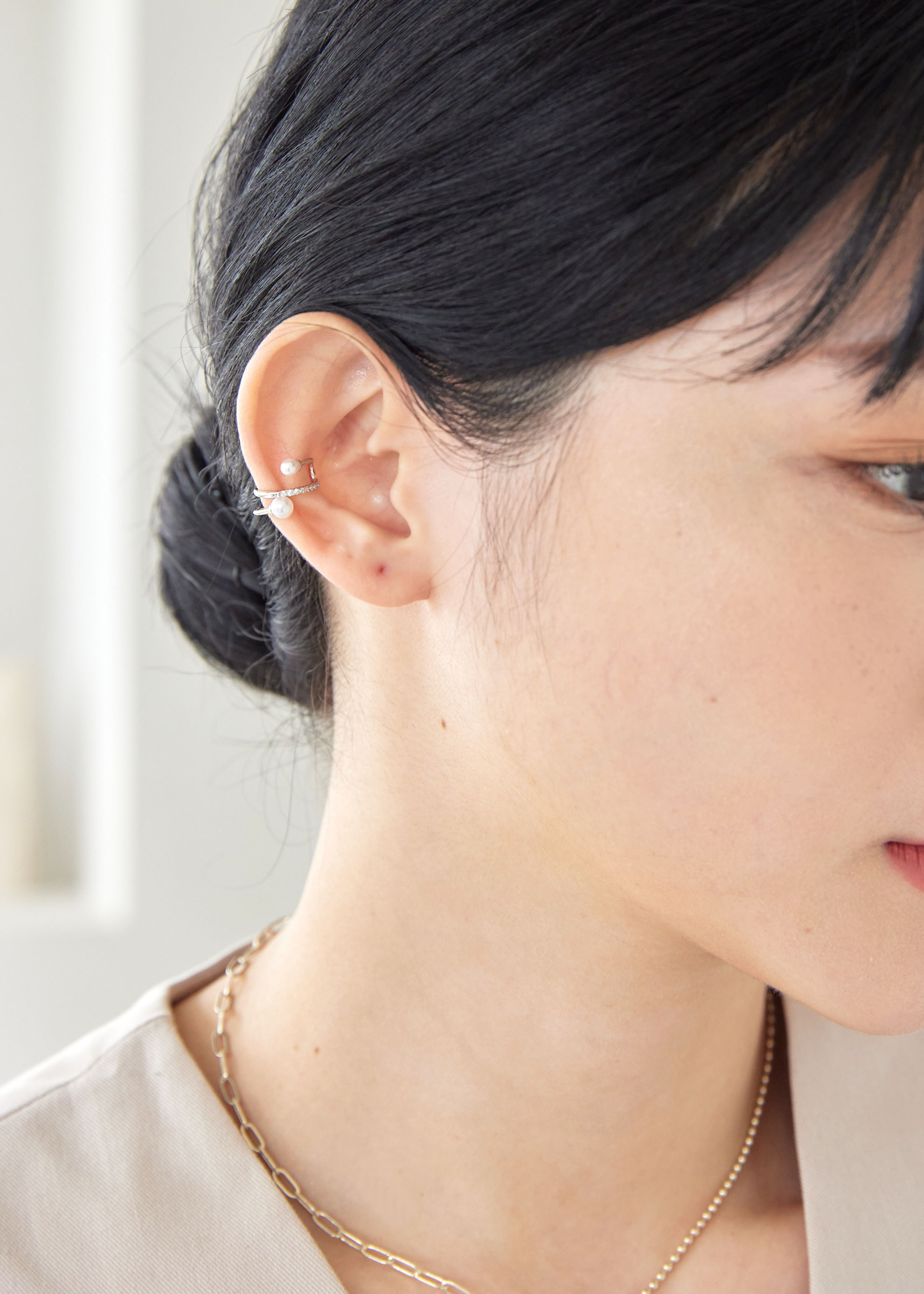 雙層排鑽珍珠純銀耳骨夾