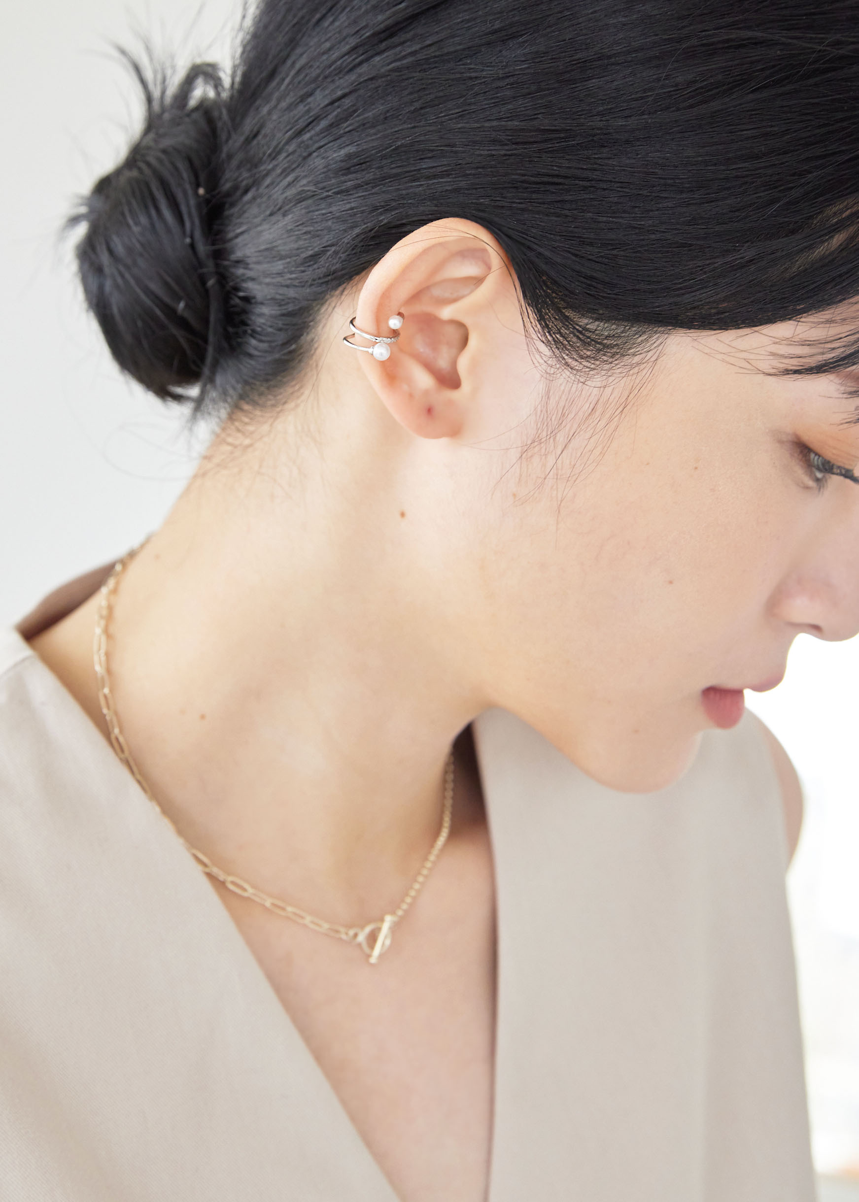 雙層排鑽珍珠純銀耳骨夾