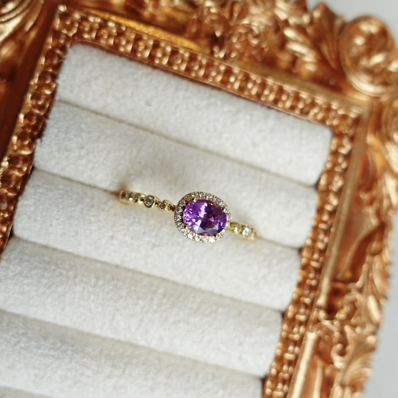 18K黃金天然紫色藍寶石鑽石復古戒指