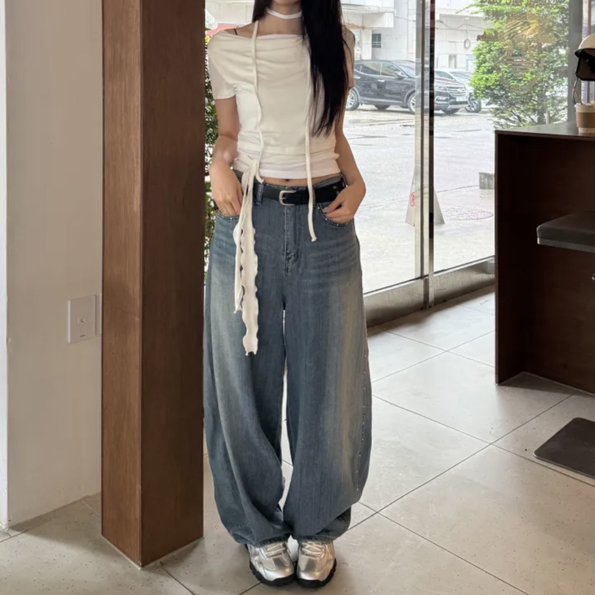 【優惠預訂】韓國窩釘氣球軟牛仔褲