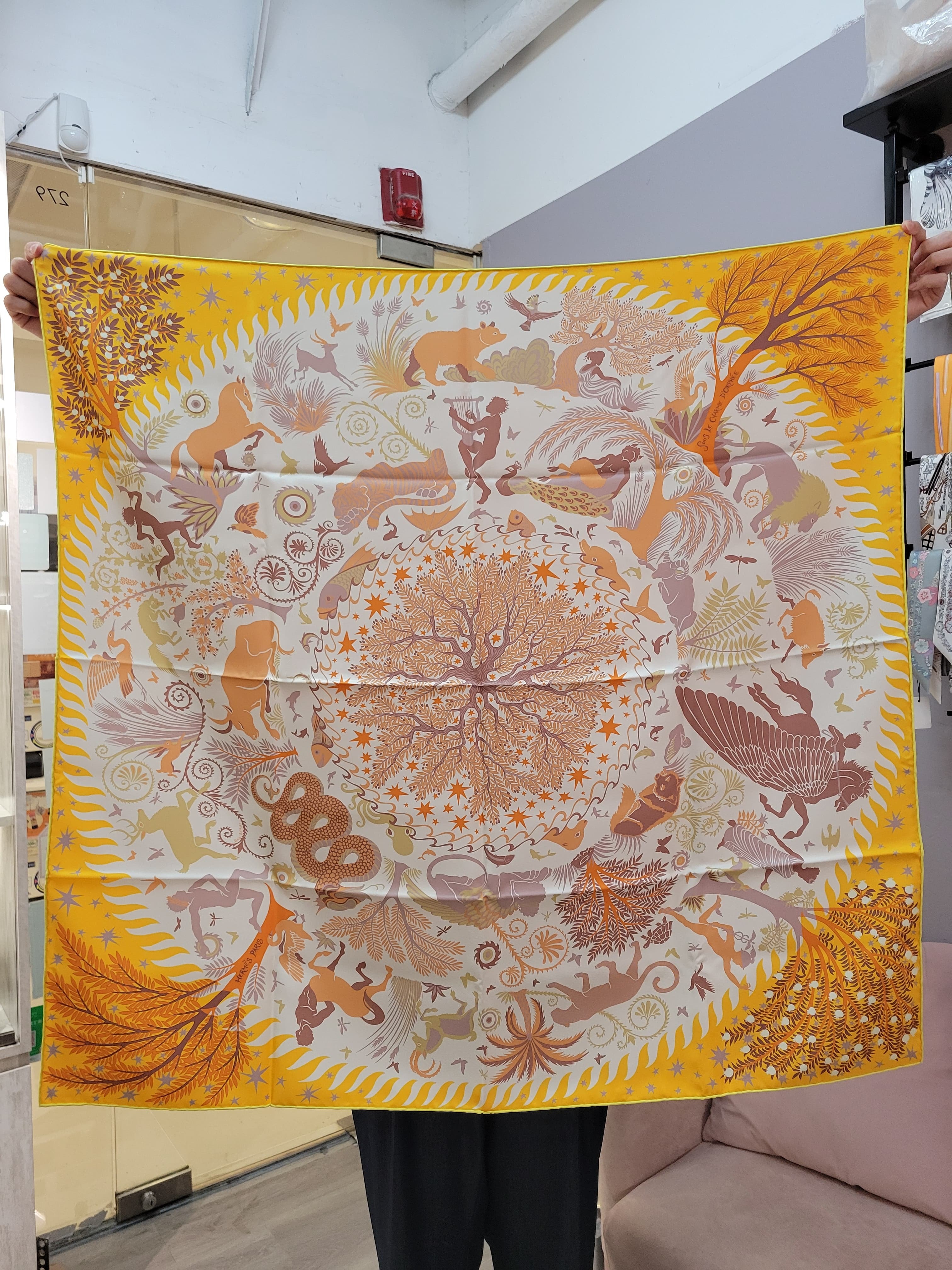 HERMES Sous le Charme d'Orphee double face scarf 90 ORANGE/CREAM