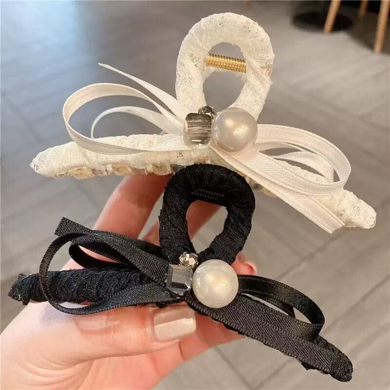 Z171緞帶蝴蝶結珍珠水鑽鯊魚夾