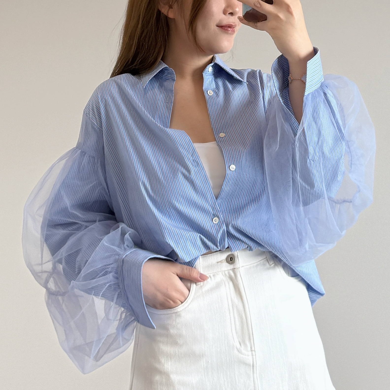 現貨  7217 設計感網紗袖襯衣