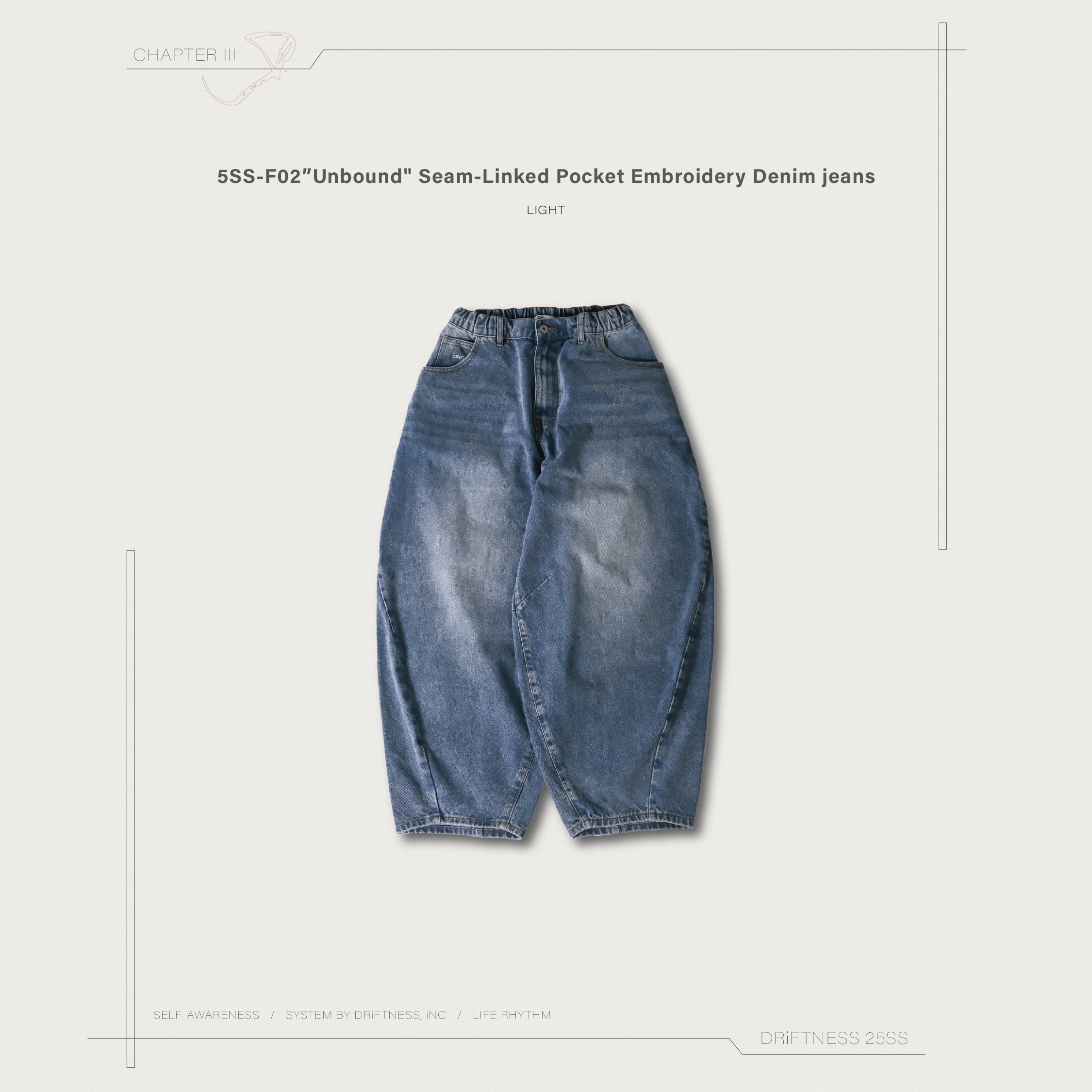 DRiFTNESS | 5SS-F02”Unbound" 接縫連接口袋刺繡牛仔褲