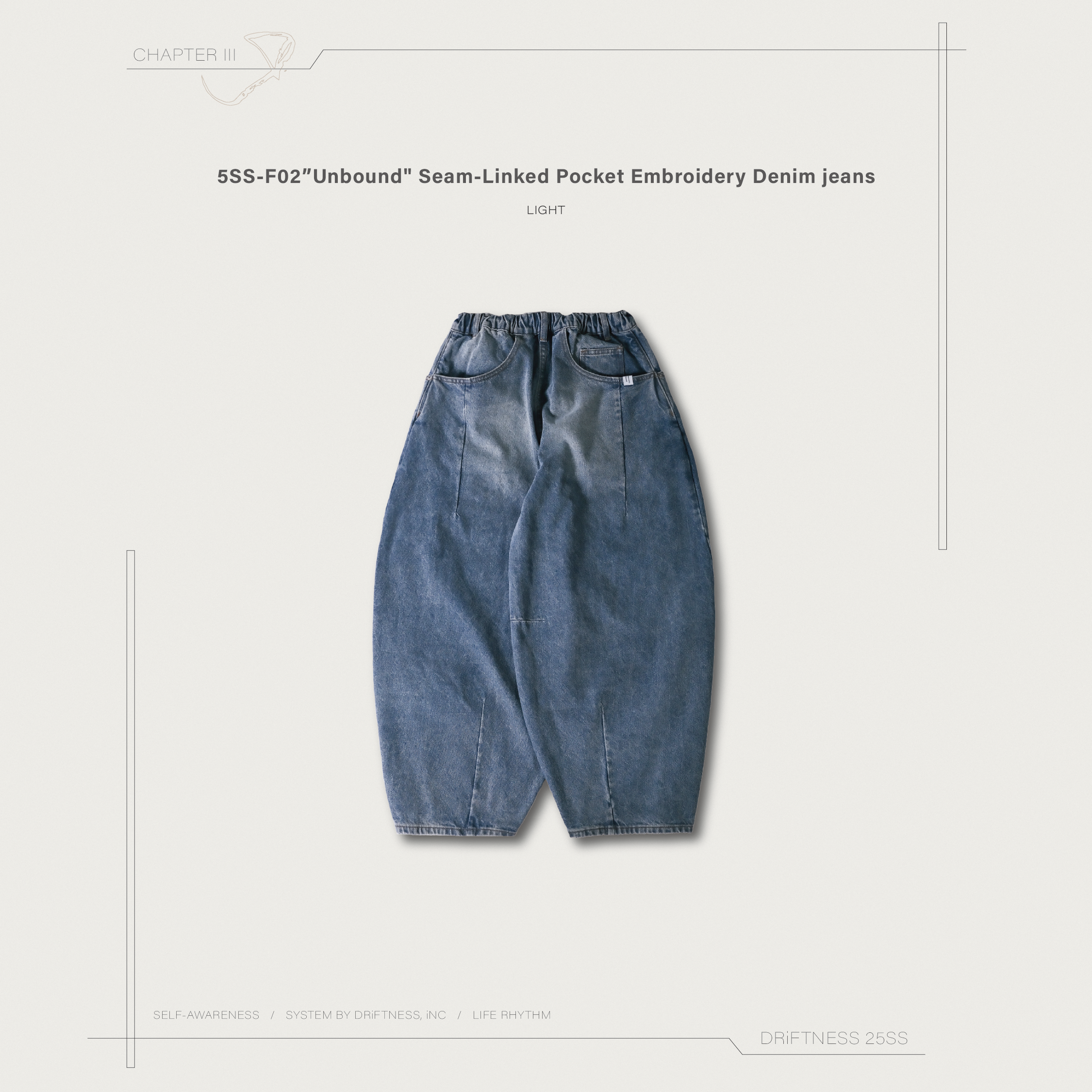 DRiFTNESS | 5SS-F02”Unbound" 接縫連接口袋刺繡牛仔褲
