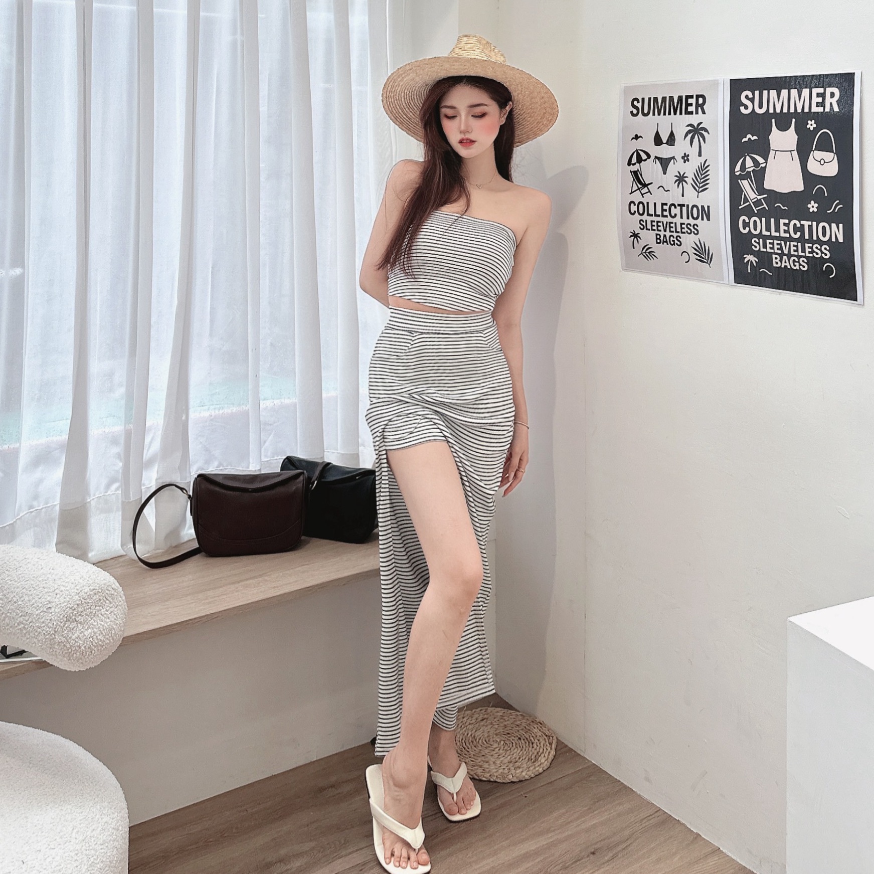 條文平口開衩長裙套裝/二色