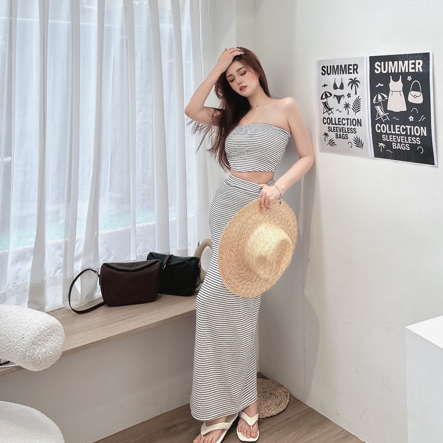 條文平口開衩長裙套裝/二色