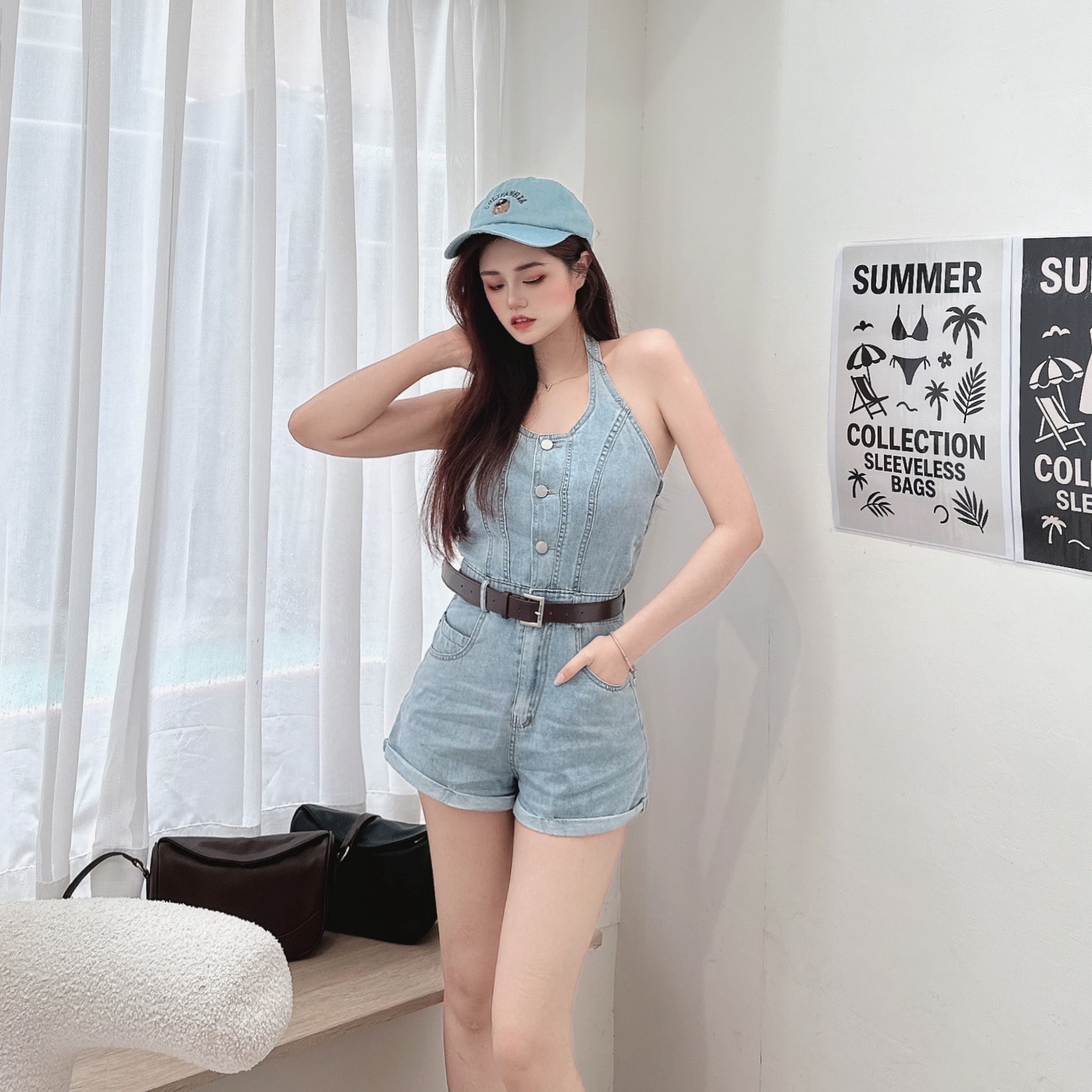 排釦掛勃牛仔連身褲/單一色