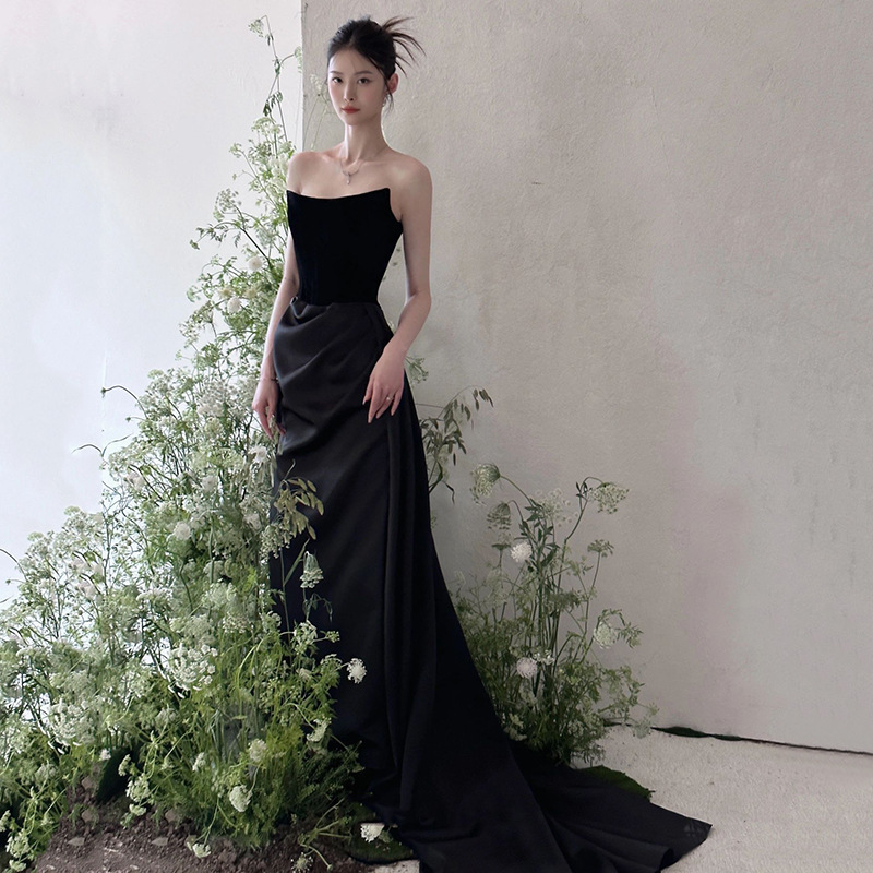 天鵝絨馬甲 拼接緞面長禮服