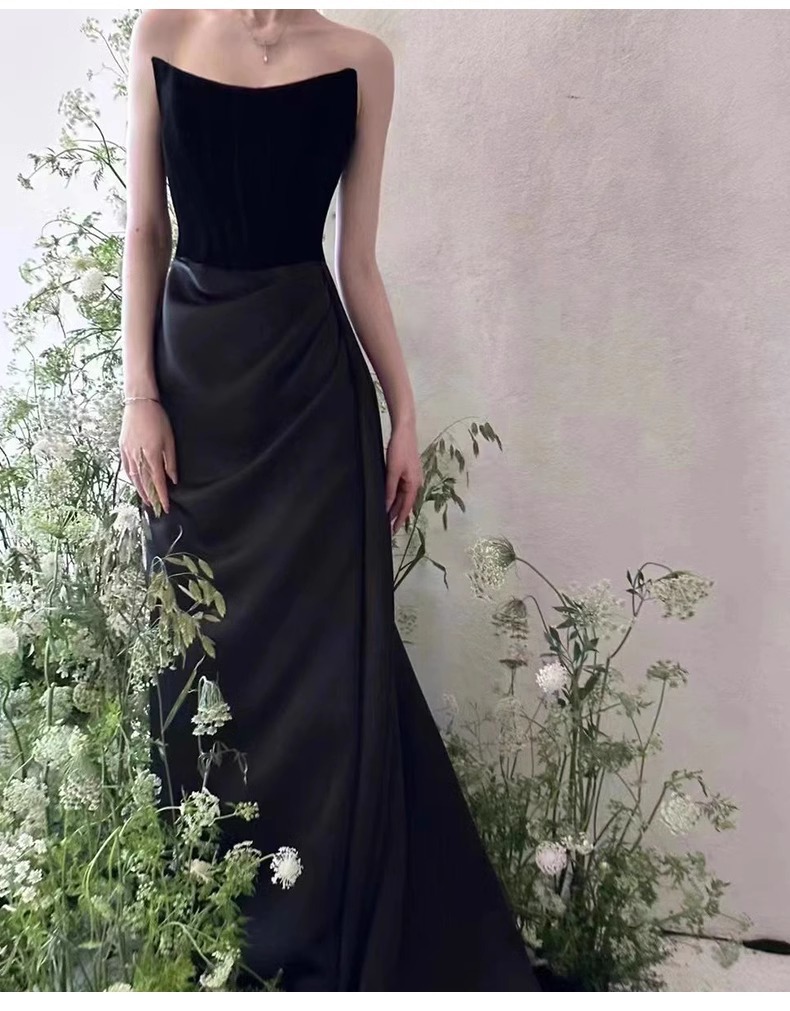 天鵝絨馬甲 拼接緞面長禮服