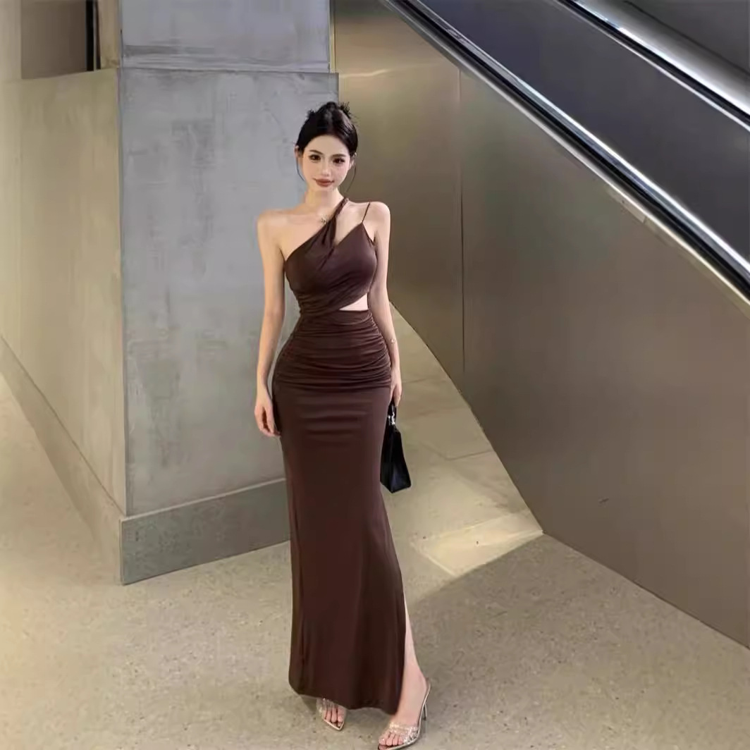 造型斜肩 棉質開衩洋裝