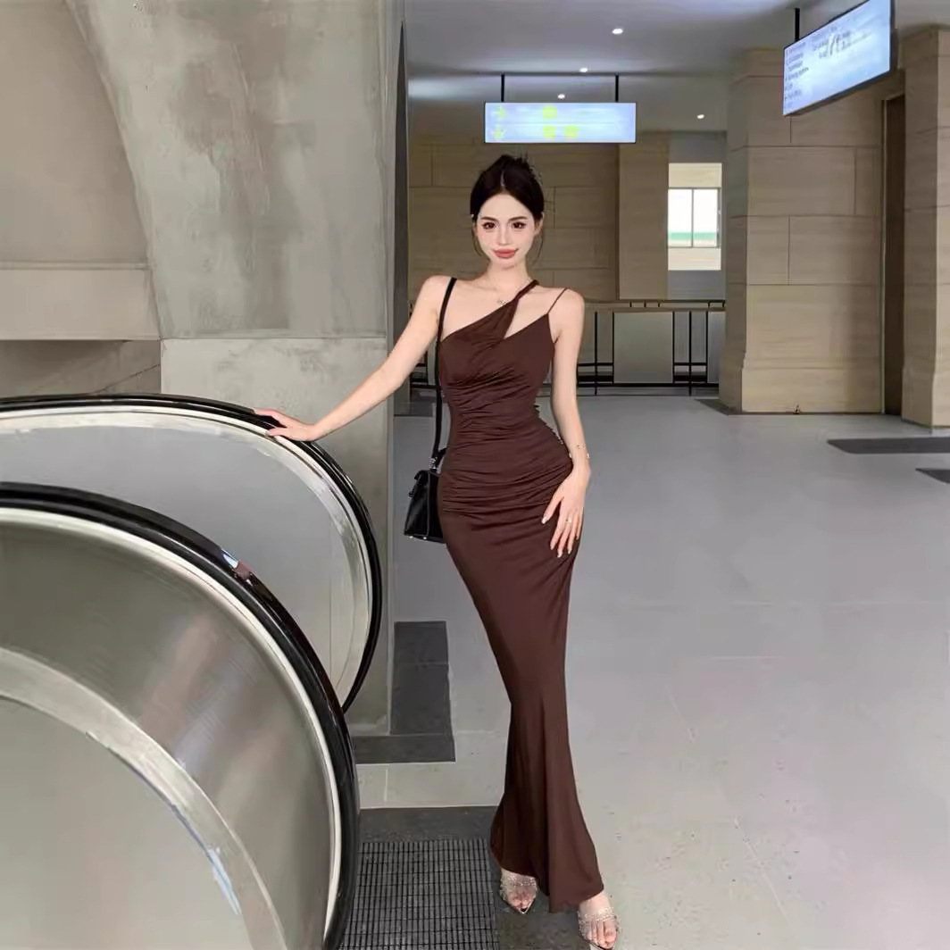 造型斜肩 棉質開衩洋裝