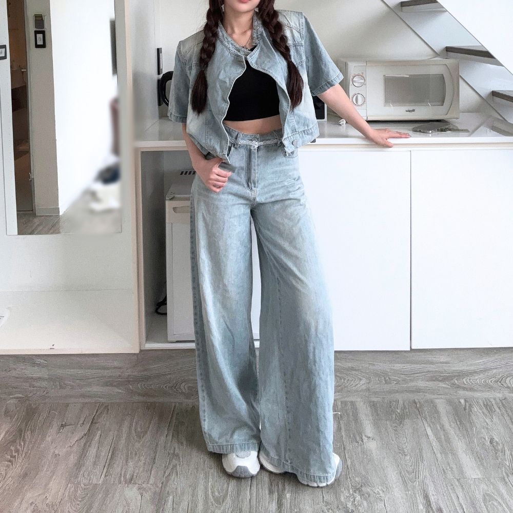 【復古牛仔套裝】DOMISS高級感版型牛仔外套+長褲 牛仔套裝 (現貨)