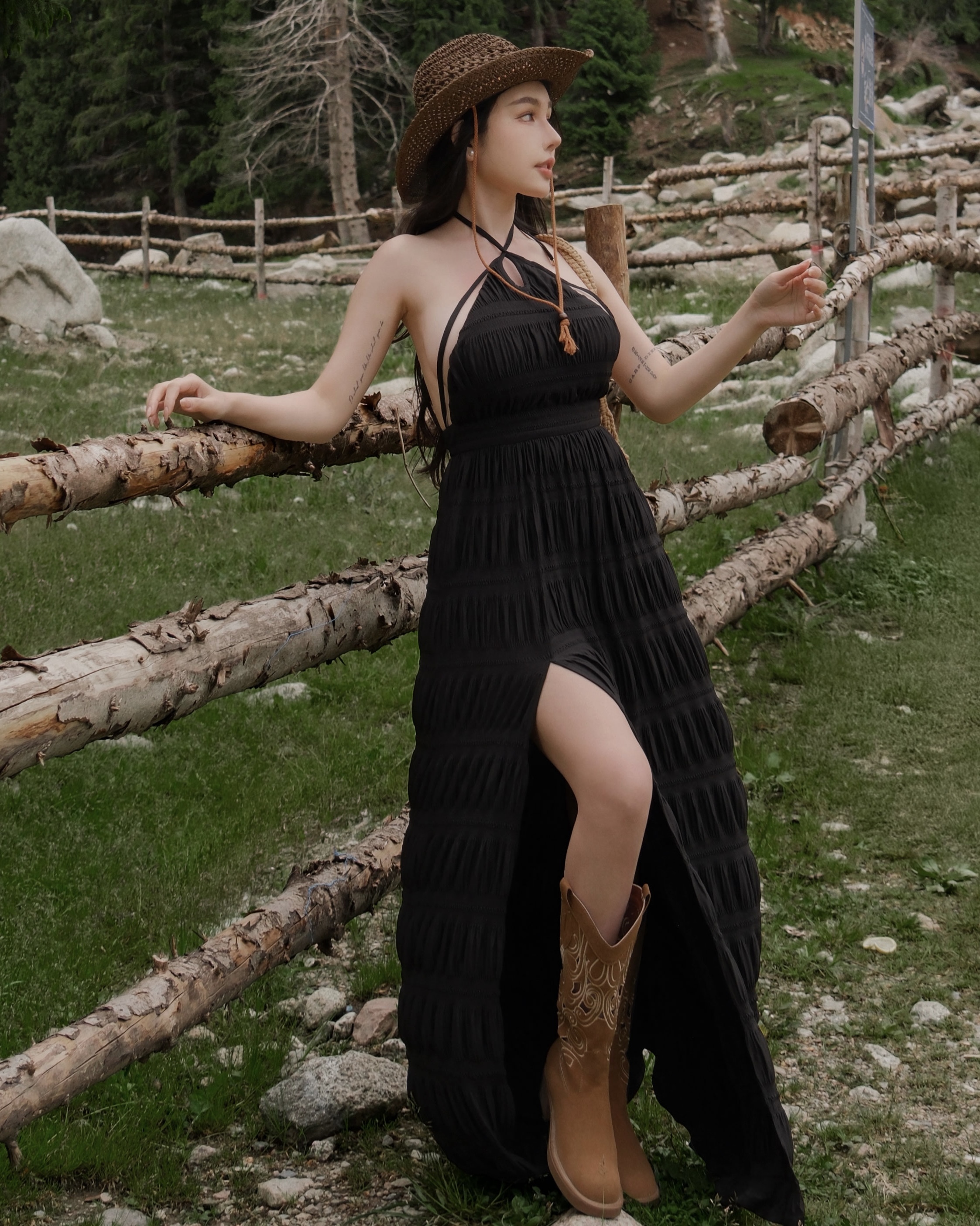 訂製-性感削肩露網紗壓皺長洋