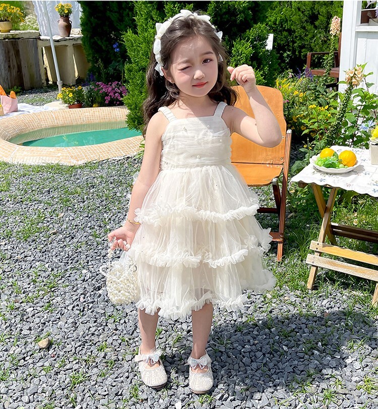 細肩帶珍珠抓紗蛋糕裙洋裝 90-140cm #YH63223