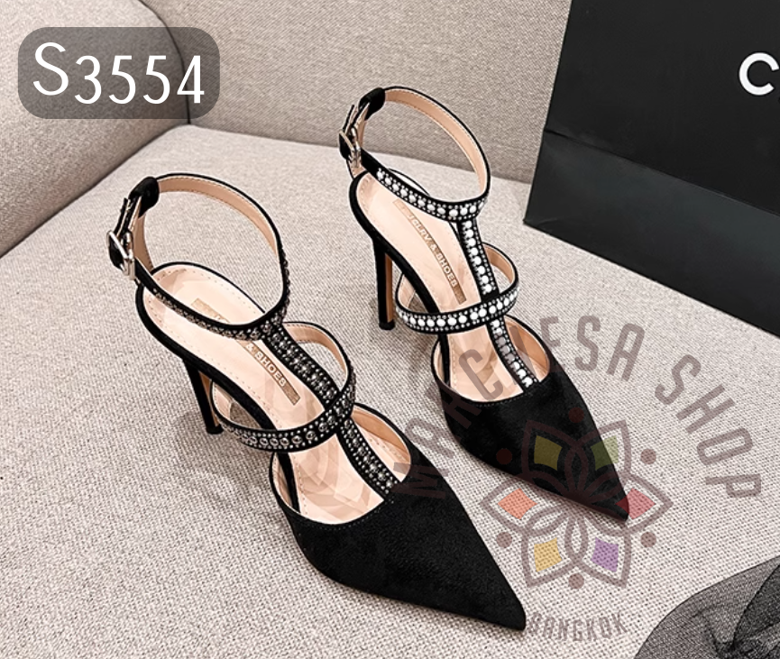 S3554 - 羊猄皮鉚釘羅馬尖頭高踭涼鞋 (三種高度)