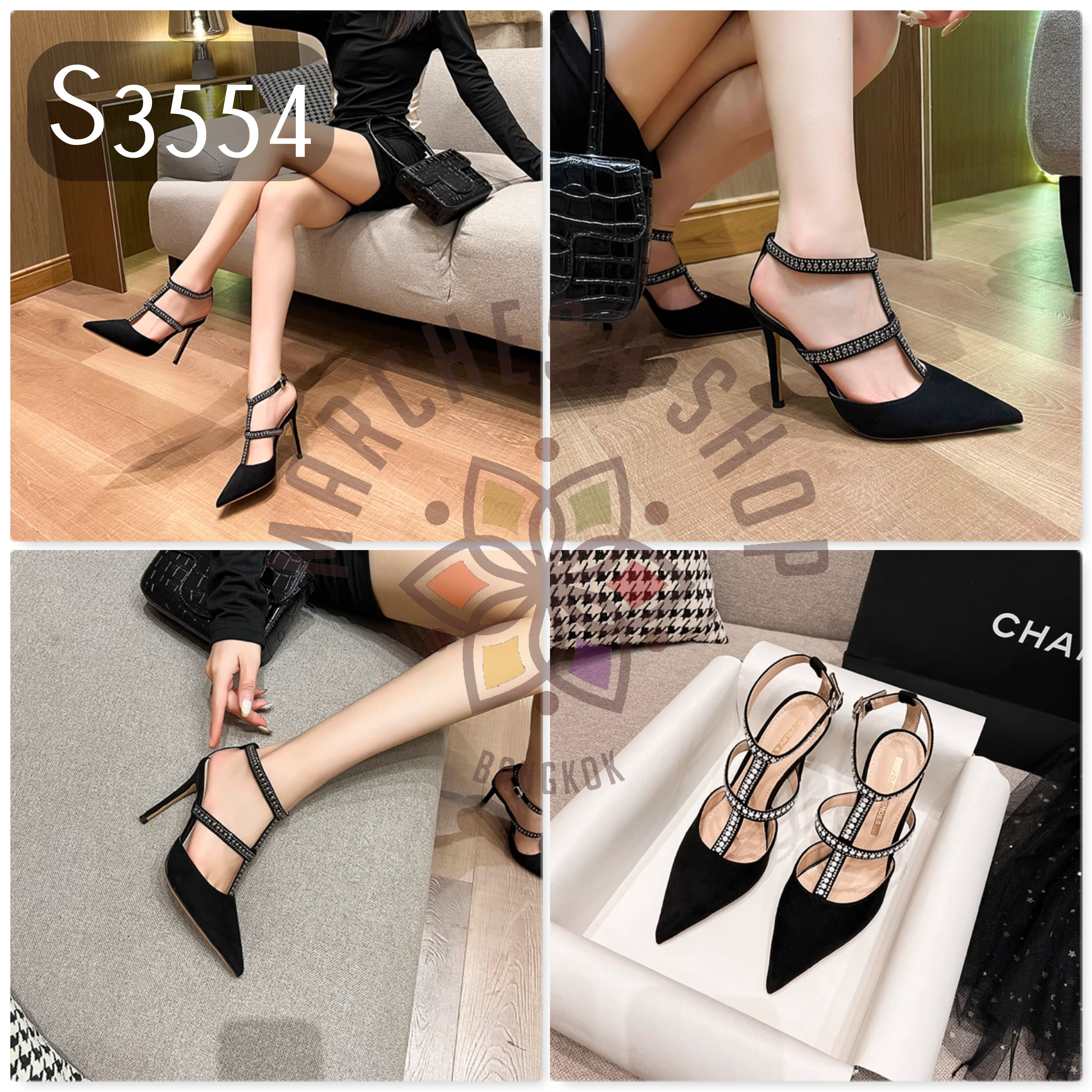 S3554 - 羊猄皮鉚釘羅馬尖頭高踭涼鞋 (三種高度)