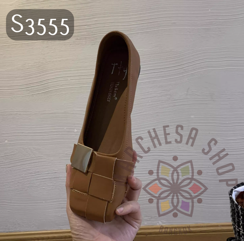 S3555 - 牛皮銅扣編織方頭平底鞋