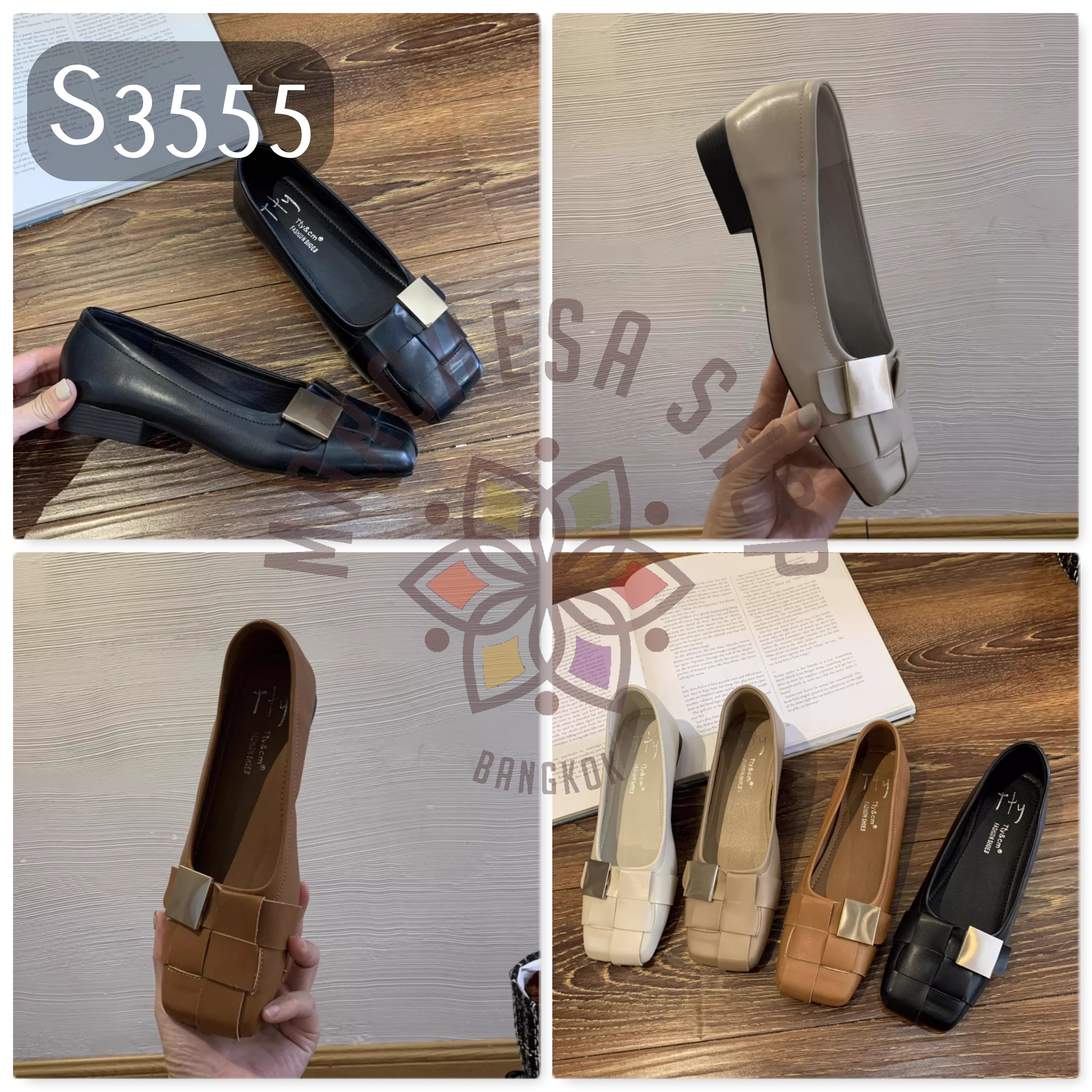 S3555 - 牛皮銅扣編織方頭平底鞋