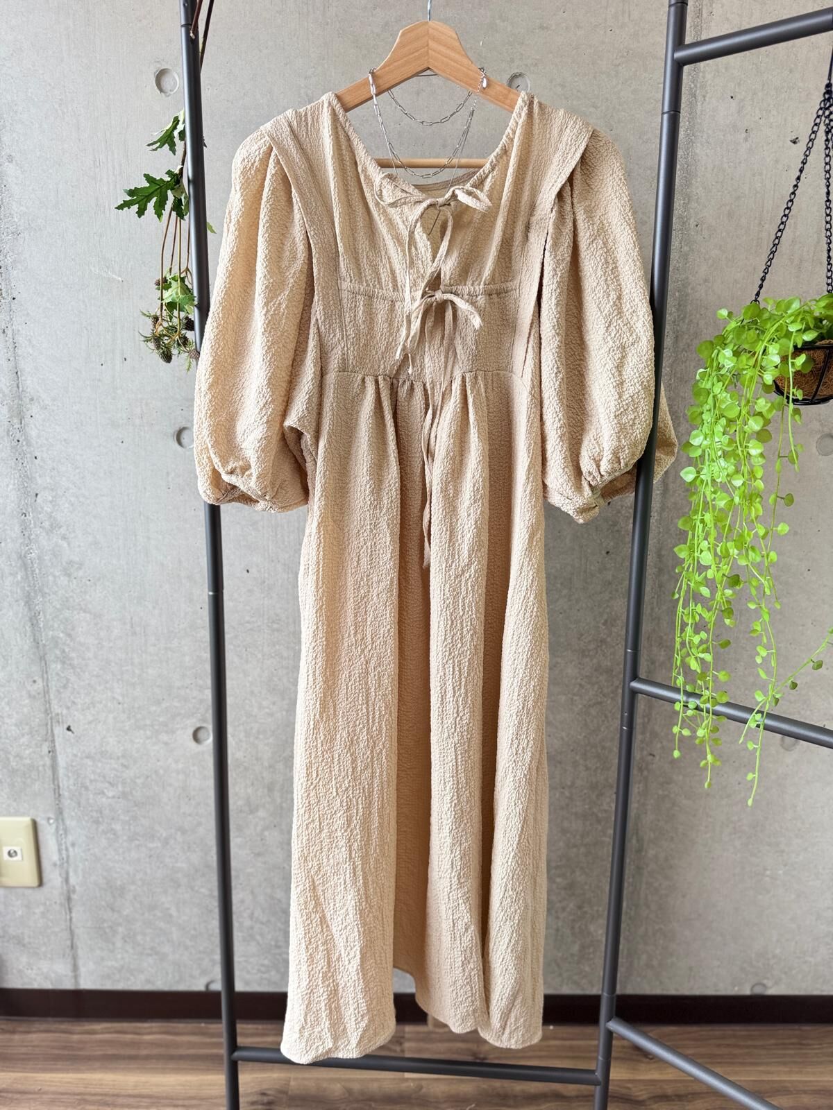 前後兩穿泡泡袖蝴蝶結皺摺布連身裙【日本直送】