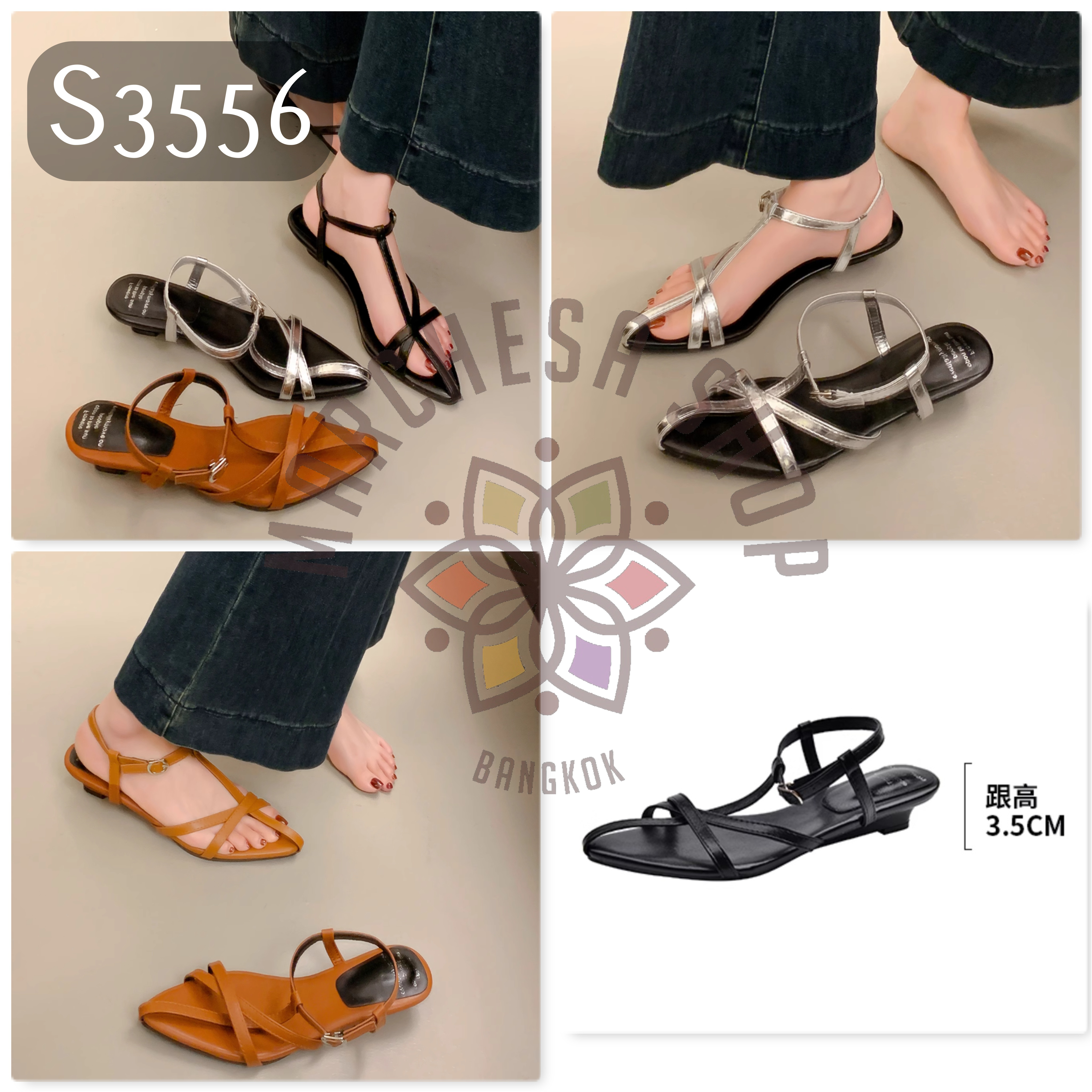 S3556 - 絕美牛皮搭帶尖頭低踭涼鞋