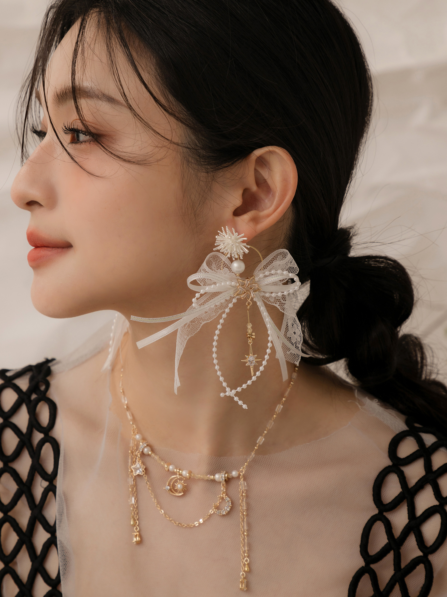 星月守夢日。(3way)MUCHAT手作14KGP煙花蝶結純銀針耳環