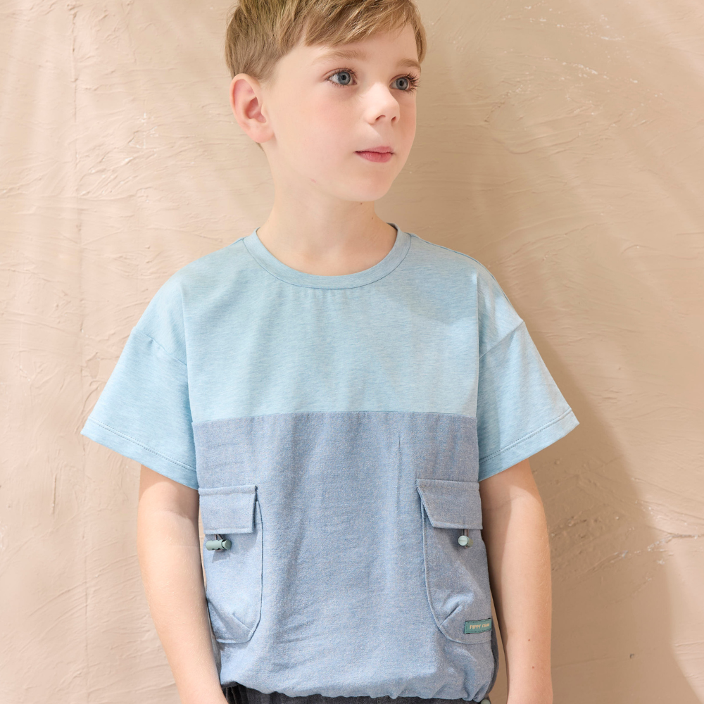 PIPPY 撞色拼接雙口袋刺繡抽繩彈性棉短袖上衣 藍