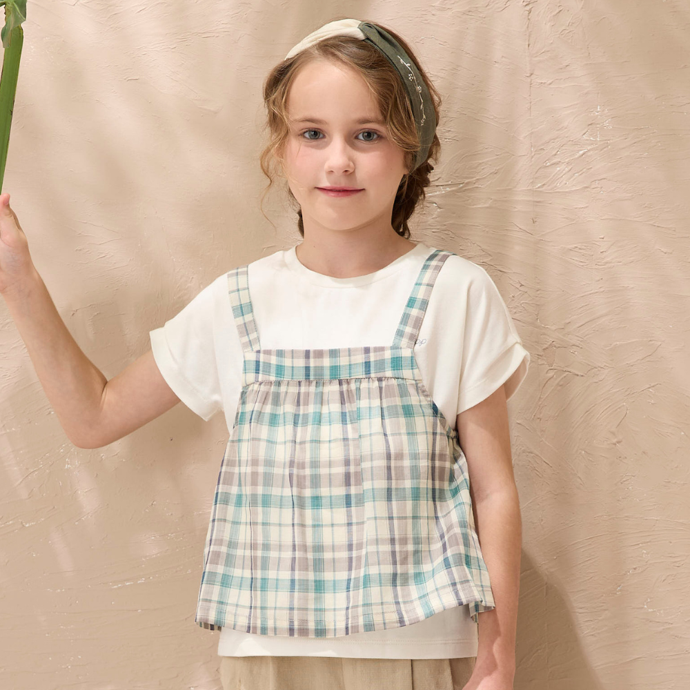 PIPPY典雅格紋配色兩件式吊帶式短袖上衣 綠