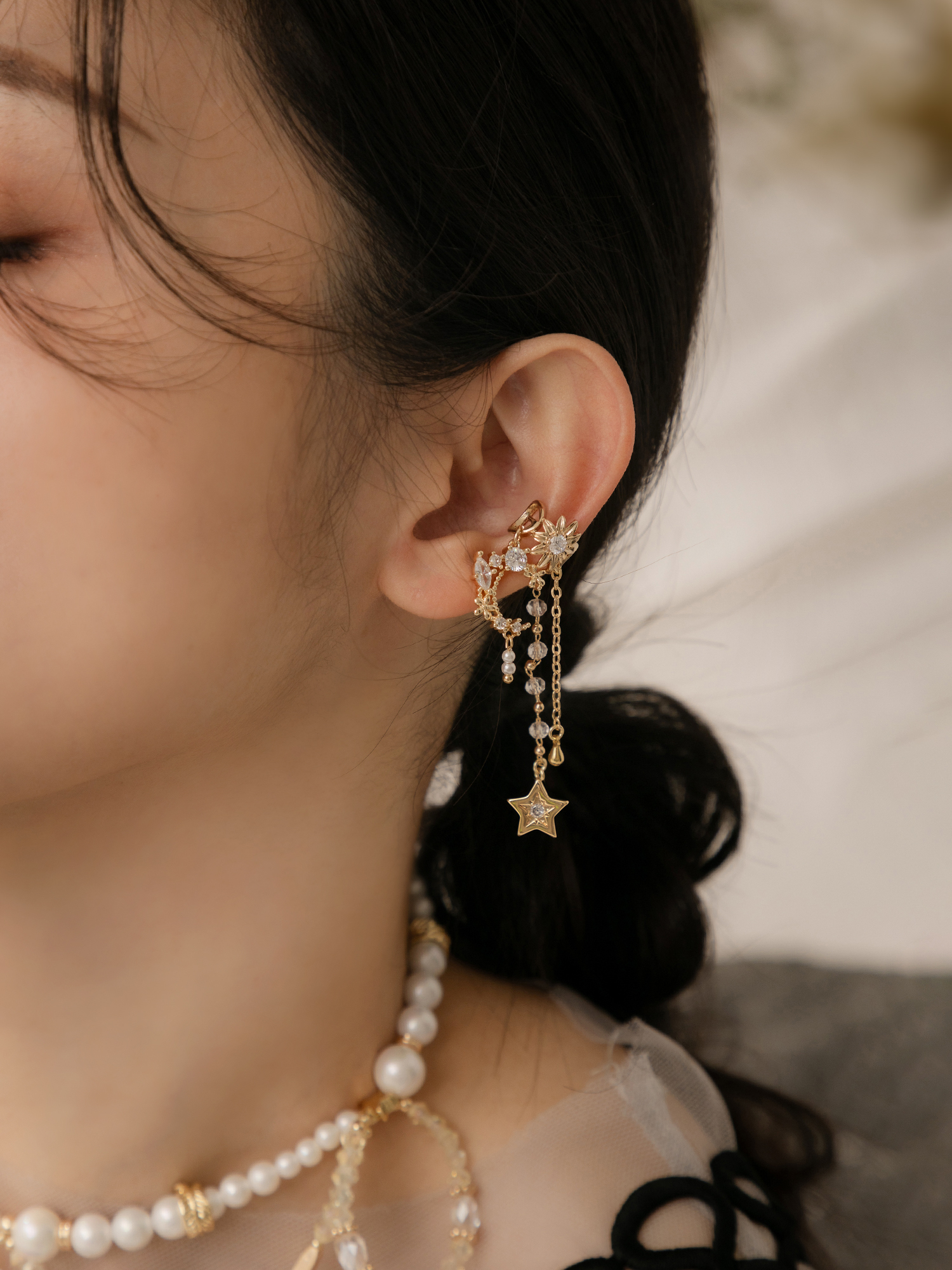 星月守夢日。MUCHAT手作14KGP鋯石星月耳骨夾(單支)