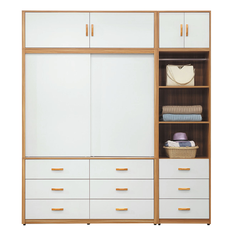 喬菲7.1尺加高型推門/拉門衣櫃組合(5.1尺六抽推門衣櫃+2尺開放式三抽衣櫃+收納棉被櫃)