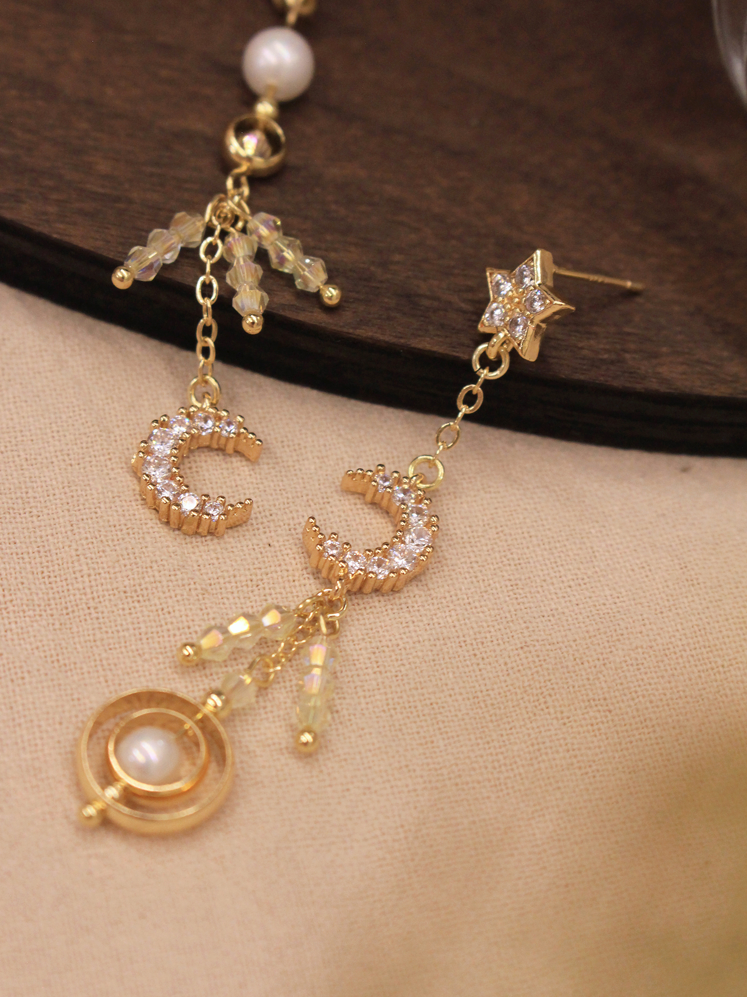 星月守夢日。MUCHAT手作14+16KGP星月鋯石純銀針耳環