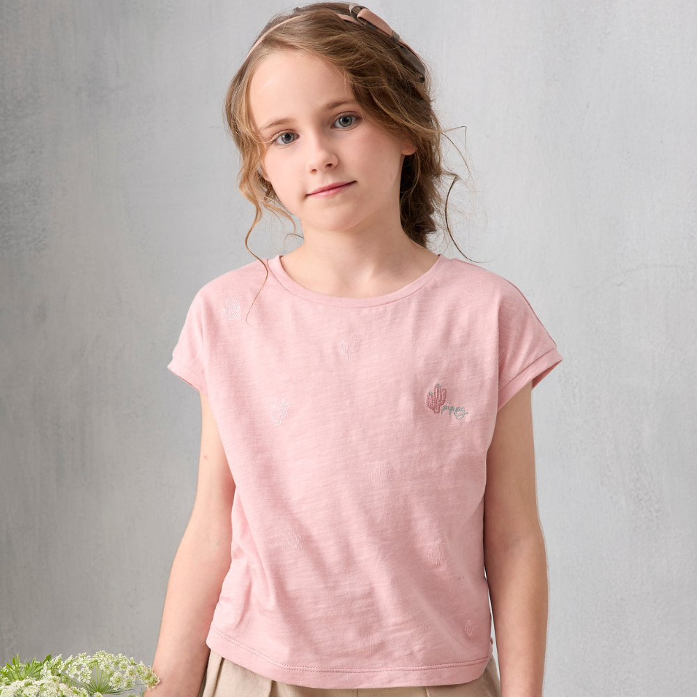 PIPPY迷你仙人掌刺繡清新百搭純棉上衣 粉