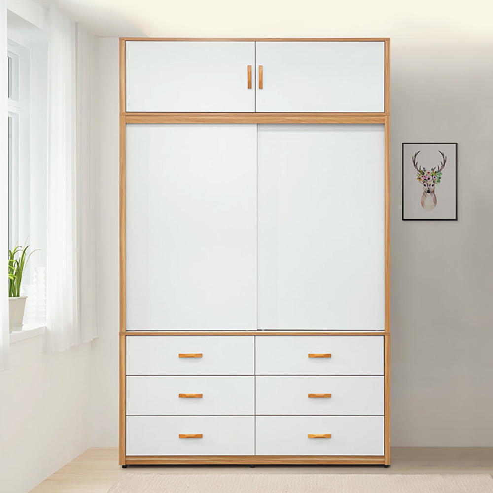 喬菲5.1尺加高型推門/拉門衣櫃(六抽推門衣櫃+收納棉被櫃)