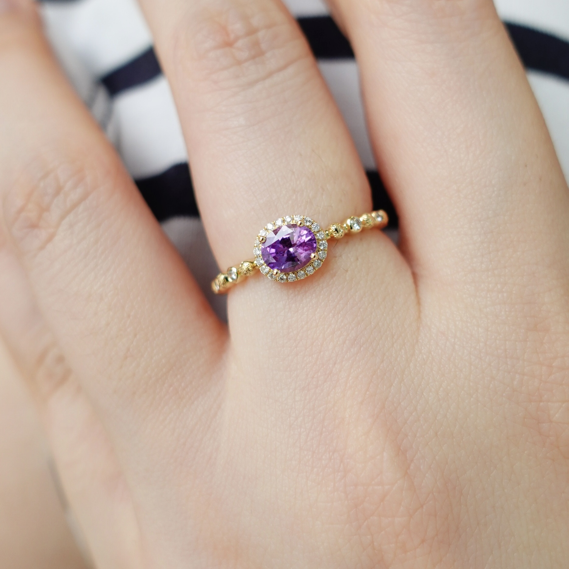 18K黃金天然紫色藍寶石鑽石復古戒指