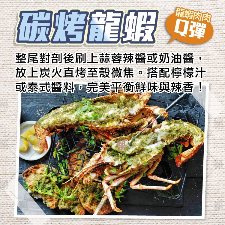 碳烤龍蝦－炭火直烤至殼微焦、肉彈香氣四溢。建議搭配檸檬汁或泰式海鮮醬，完美平衡鮮味與辣香！