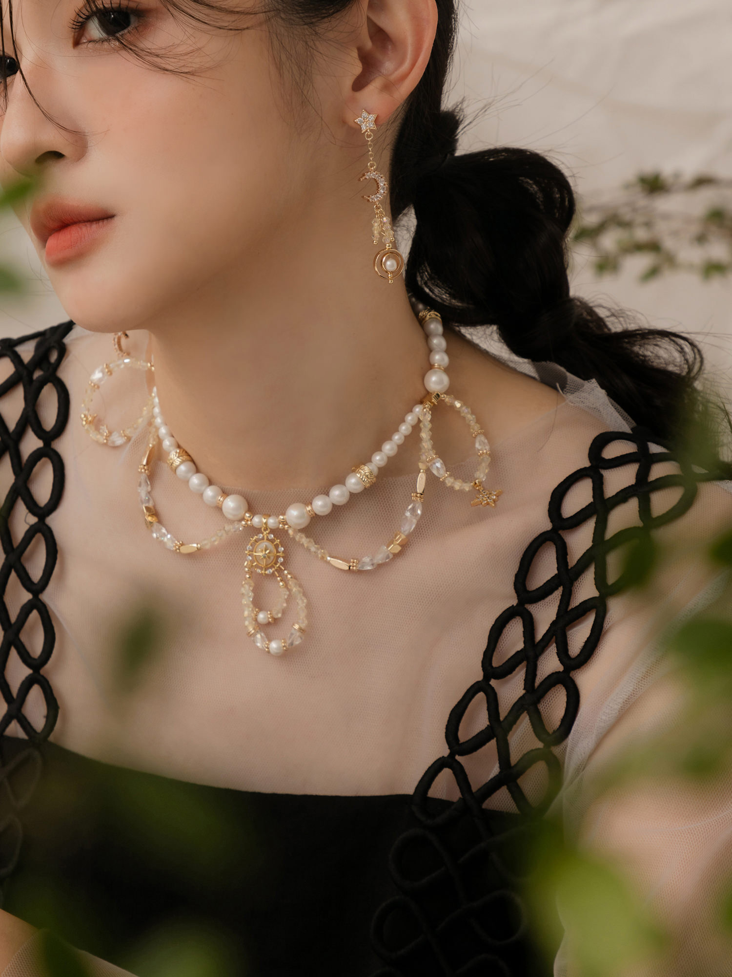 星月守夢日。MUCHAT手作14KGP星月珍珠水晶項鍊