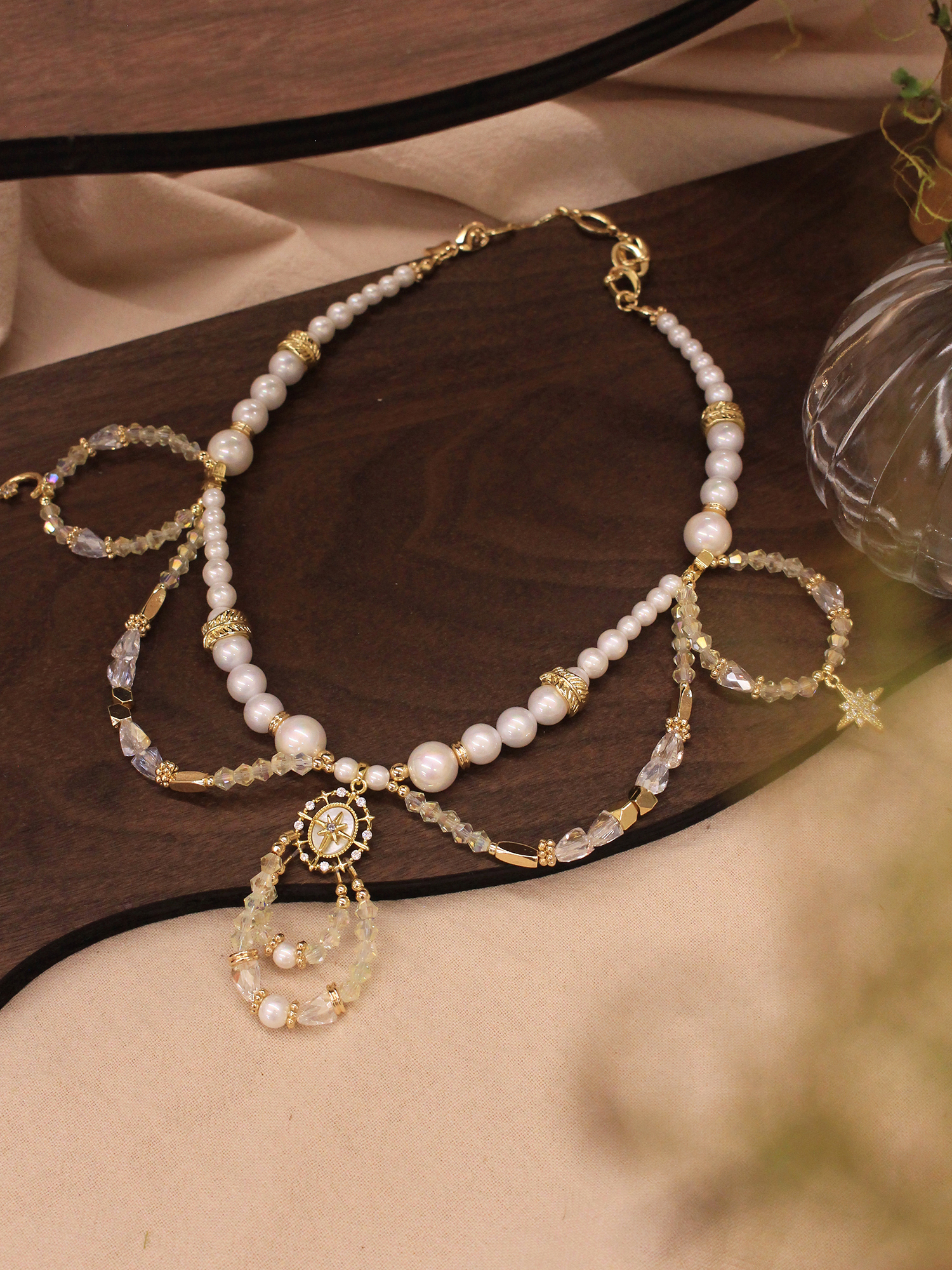 星月守夢日。MUCHAT手作14KGP星月珍珠水晶項鍊