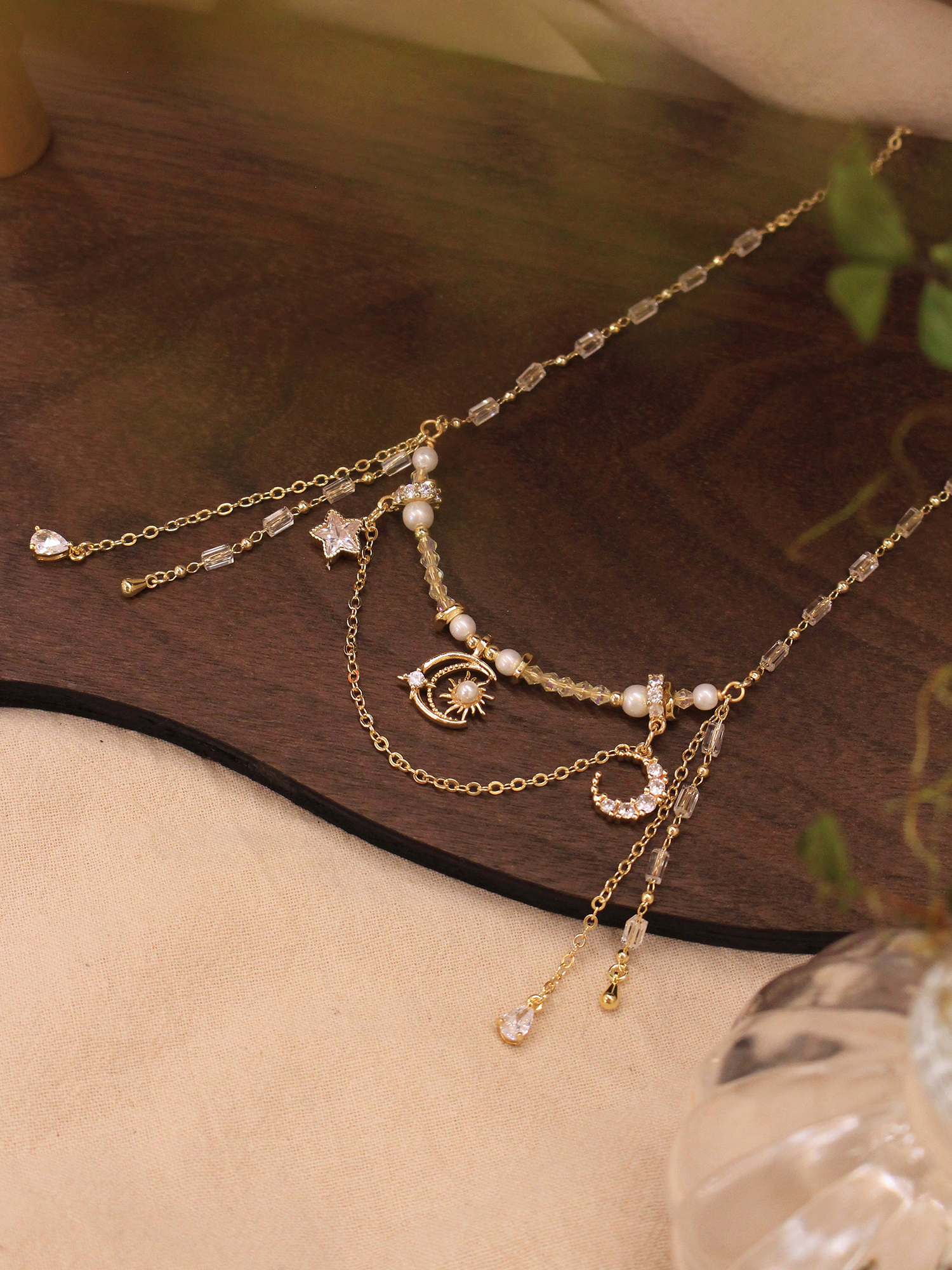 星月守夢日。MUCHAT手作14KGP鋯石星月水晶項鍊