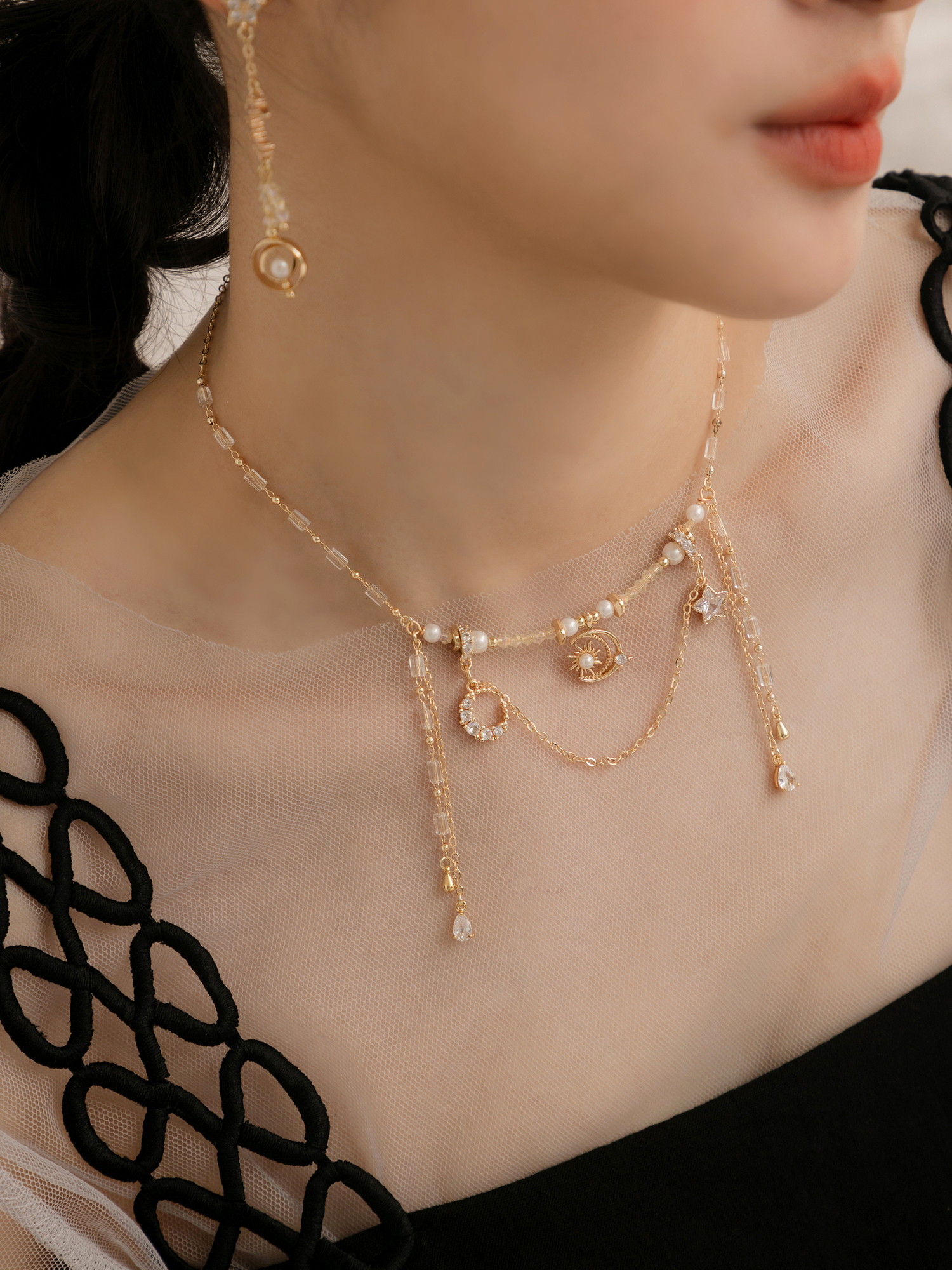 星月守夢日。MUCHAT手作14KGP鋯石星月水晶項鍊