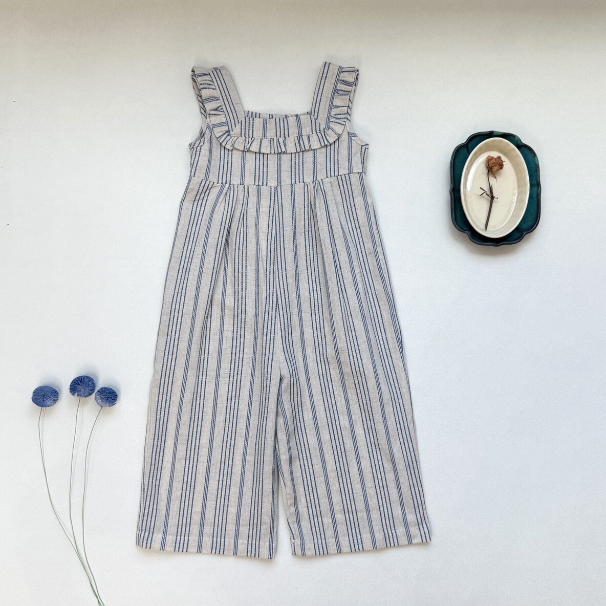 MINIMOM 荷葉方領高腰條紋連身褲 Iro Jumpsuit - Blue