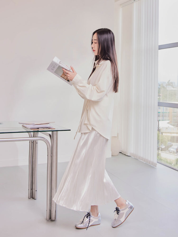 珠光顯瘦百褶長裙