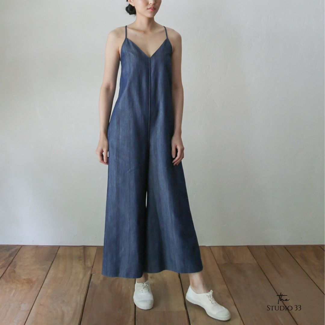夏日輕盈細肩帶寬褲連身裙｜牛仔深藍