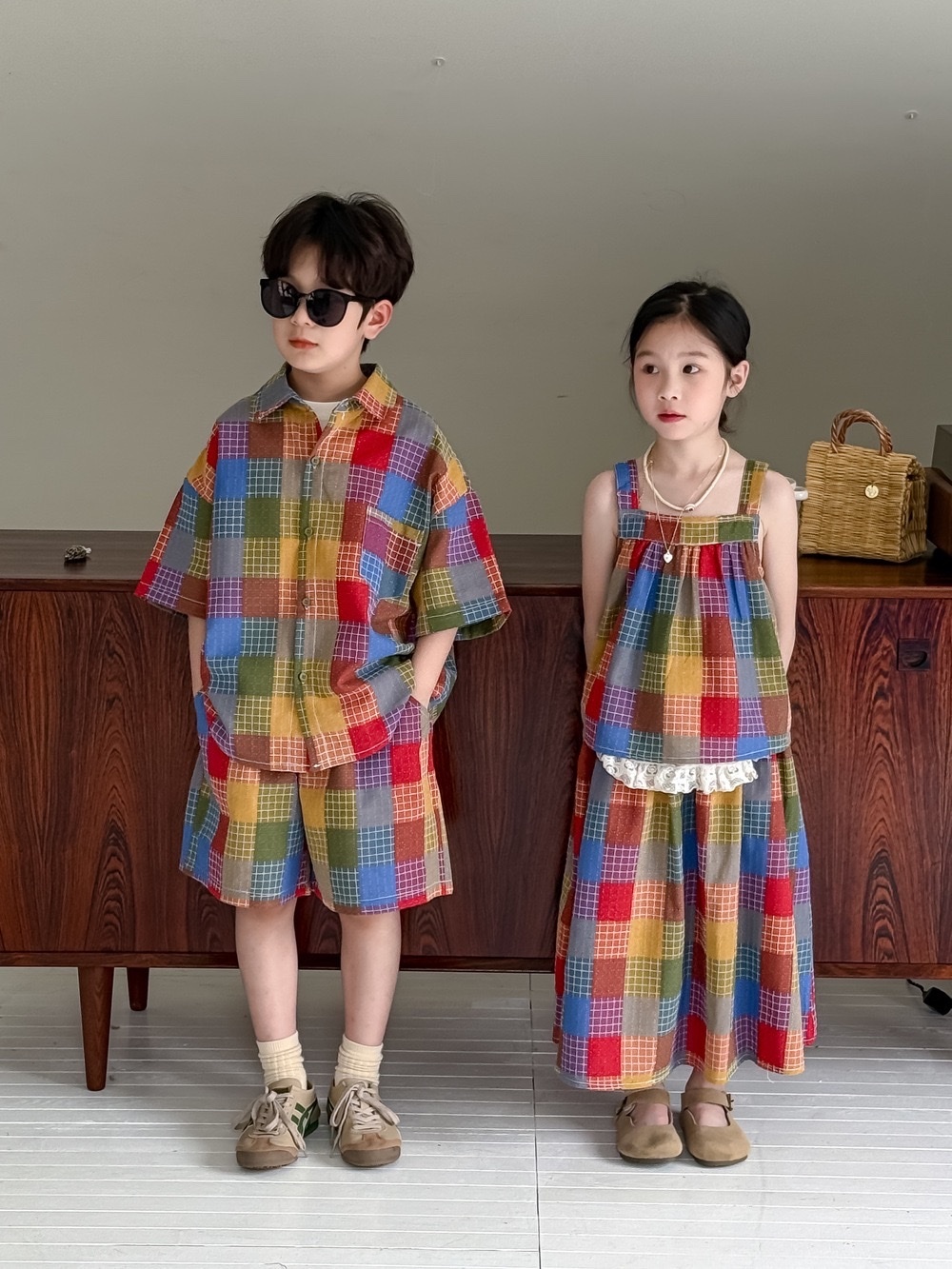 兄弟姐妹一起_彩色格子套裝/吊帶半身裙套裝